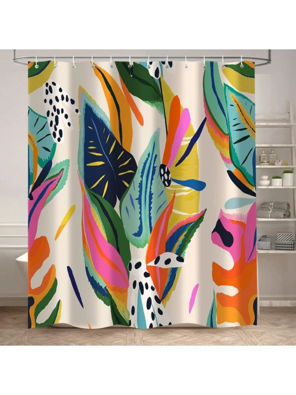Colorful Boho Floral Shower Curtain, Modern Abstract Jungle Leaf Design, 72x72
